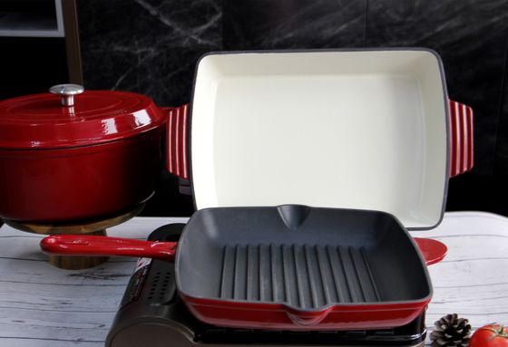Красный покрытый эмалью лоток 10inch Skillet литого железа не вставляет глубокий лоток картофеля фри с Ридж
